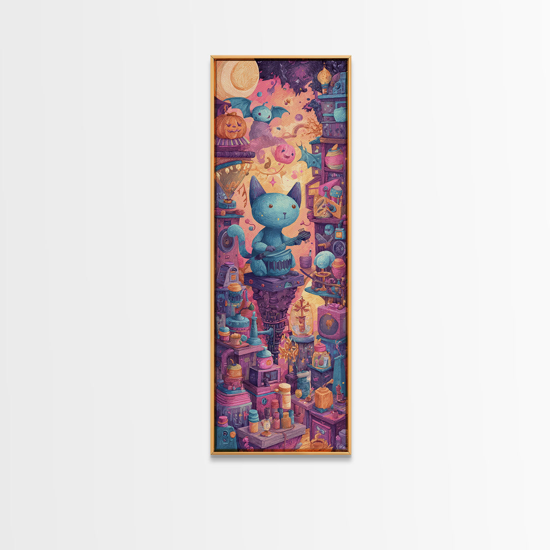 The Little Monster Orchestra, 80s Halloween Wall Art, Tall Narrow Wall Art, Canvas Print, Retro Halloween Decor, Neon Wall Art