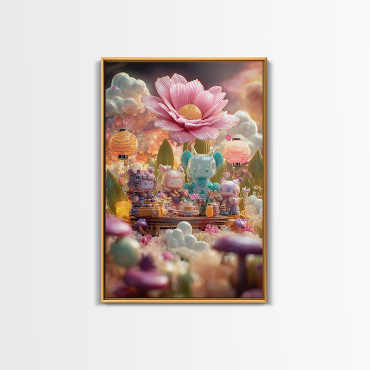 The Monster Flower Shop, Cute Spooky Neon Art, Vertical Wall Art, Framed Canvas Print, Retro Halloween Decor, Neon Wall Art
