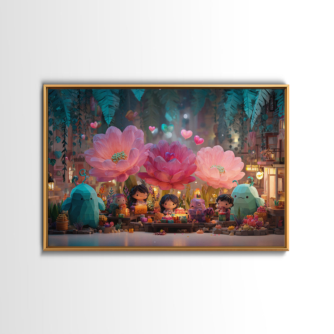 The Monster Flower Shop, Retro Neon Halloween Art, Landscape Wall Art, Framed Canvas Print, Retro Halloween Decor, Neon Wall Art