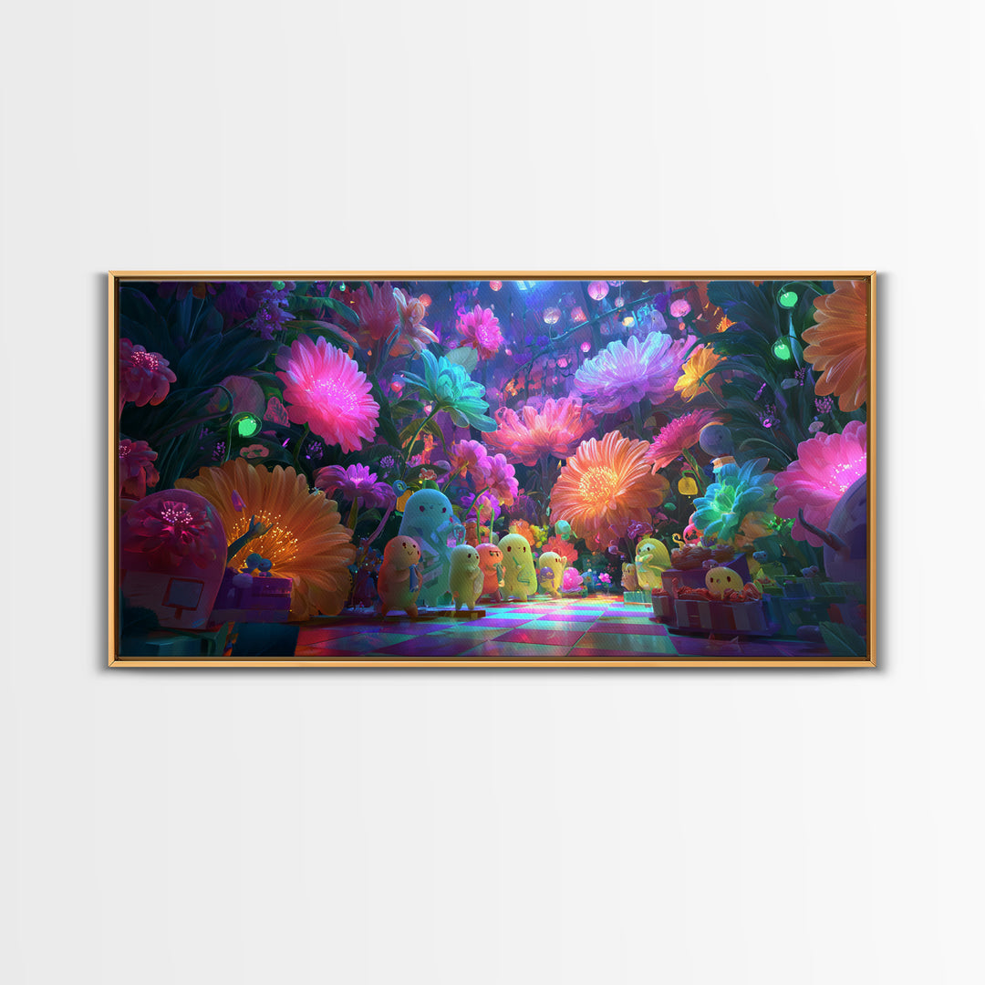 The Monster Flower Shop, Cute Spooky Neon Art, Wide Panoramic Art, Canvas Print, Retro Halloween Decor, Neon Wall Art, Macabre Wall Art