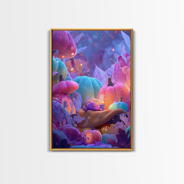 The Monster Hide-And-Seek Game, Synthwave Halloween Art, Vertical Wall Art, Canvas Print, Retro Halloween Decor, Neon Wall Art