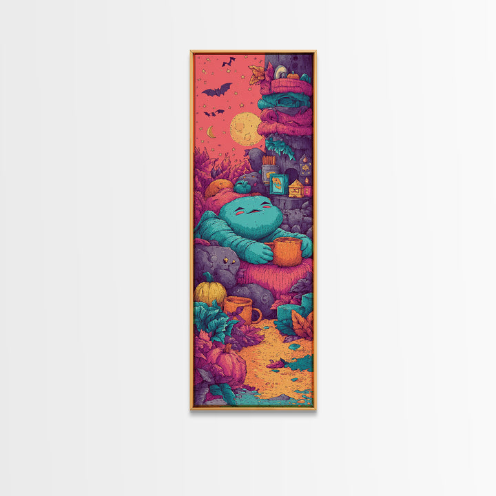 The Monster Hide-And-Seek Game, Cute Spooky Neon Art, Tall Narrow Wall Art, Canvas Print, Retro Halloween Decor, Neon Wall Art