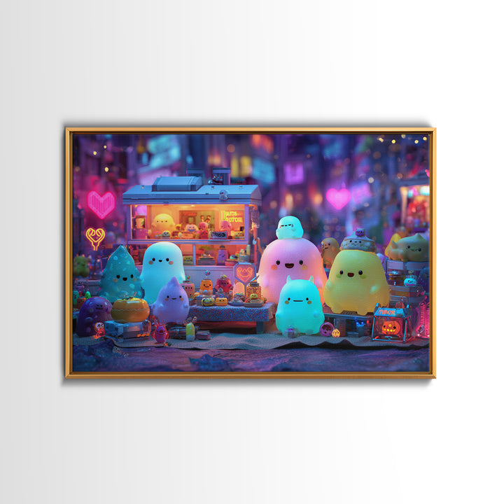 The Monster Friendship Picnic, Retro Neon Halloween Art, Landscape Wall Art, Framed Canvas Print, Retro Halloween Decor, Neon Wall Art