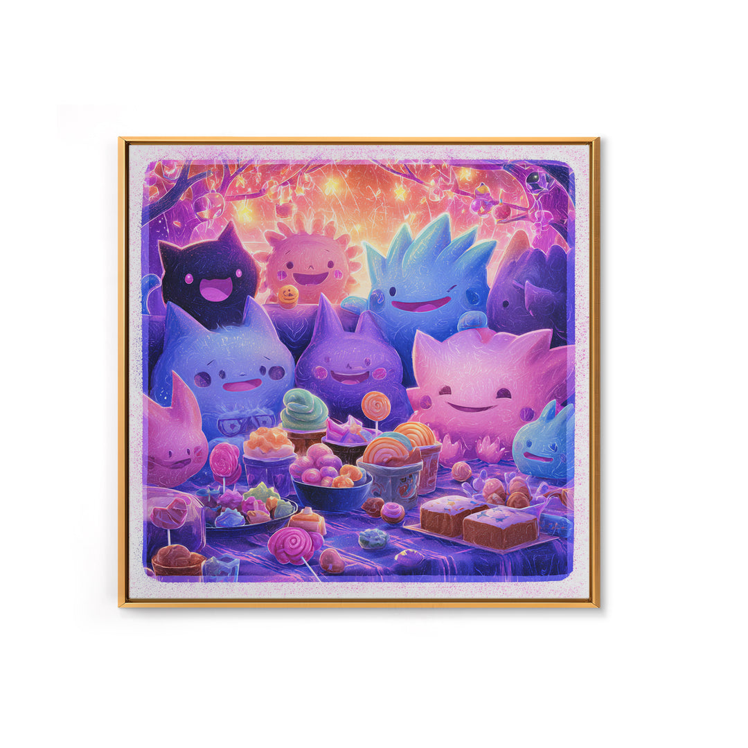 The Monster Friendship Picnic, Vaporwave Halloween Decor, Square Wall Art, Canvas Print, Retro Halloween Decor, Neon Wall Art