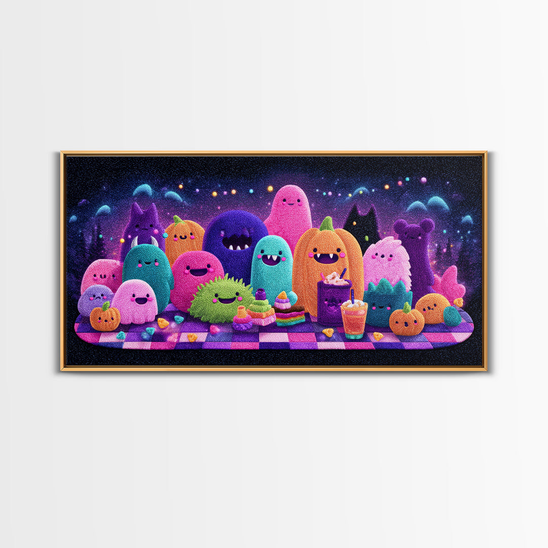 The Monster Friendship Picnic, Retro Neon Halloween Art, Wide Panoramic Art, Canvas Print, Retro Halloween Decor, Neon Wall Art