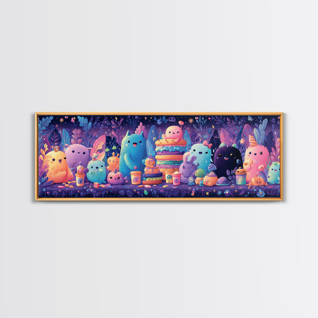 The Monster Friendship Picnic, Synthwave Halloween Art, Extra Wide Wall Art, Framed Canvas Print, Retro Halloween Decor, Neon Wall Art