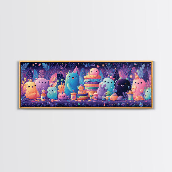 The Monster Friendship Picnic, Synthwave Halloween Art, Extra Wide Wall Art, Framed Canvas Print, Retro Halloween Decor, Neon Wall Art