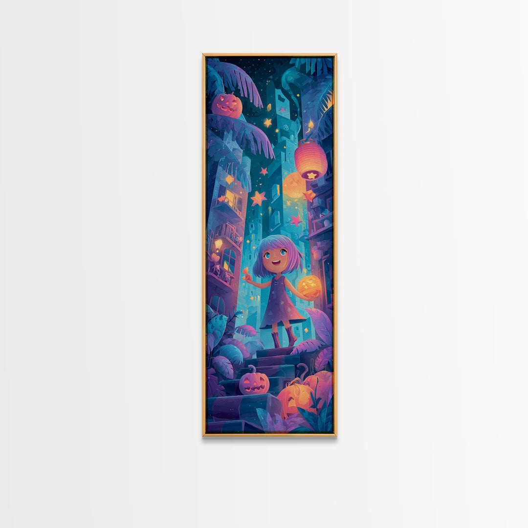 The Trick-Or-Treat Treasure Hunt, Cute Spooky Neon Art, Tall Narrow Wall Art, Canvas Print, Retro Halloween Decor, Neon Wall Art