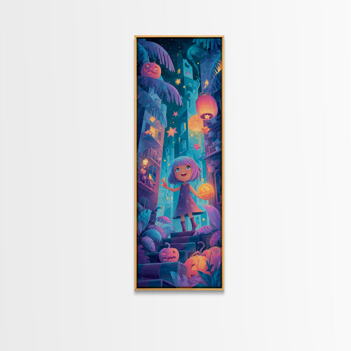The Trick-Or-Treat Treasure Hunt, Cute Spooky Neon Art, Tall Narrow Wall Art, Canvas Print, Retro Halloween Decor, Neon Wall Art