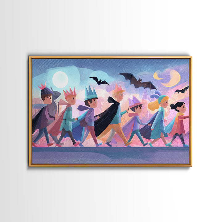 The Costume Parade, Cute Spooky Neon Art, Landscape Wall Art, Canvas Print, Retro Halloween Decor, Neon Wall Art, Statement Wall Art