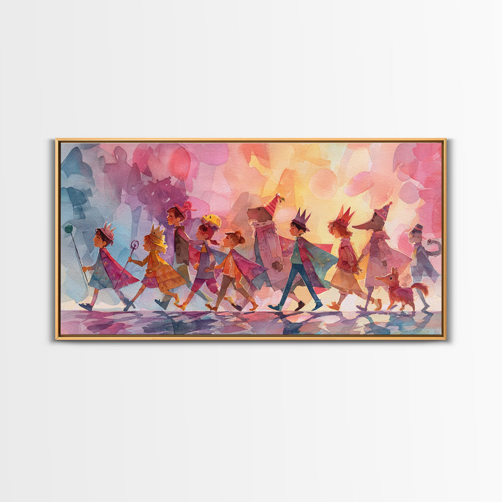The Costume Parade, Retro Neon Halloween Art, Wide Panoramic Art, Canvas Print, Retro Halloween Decor, Neon Wall Art, Seasonal Home Decor