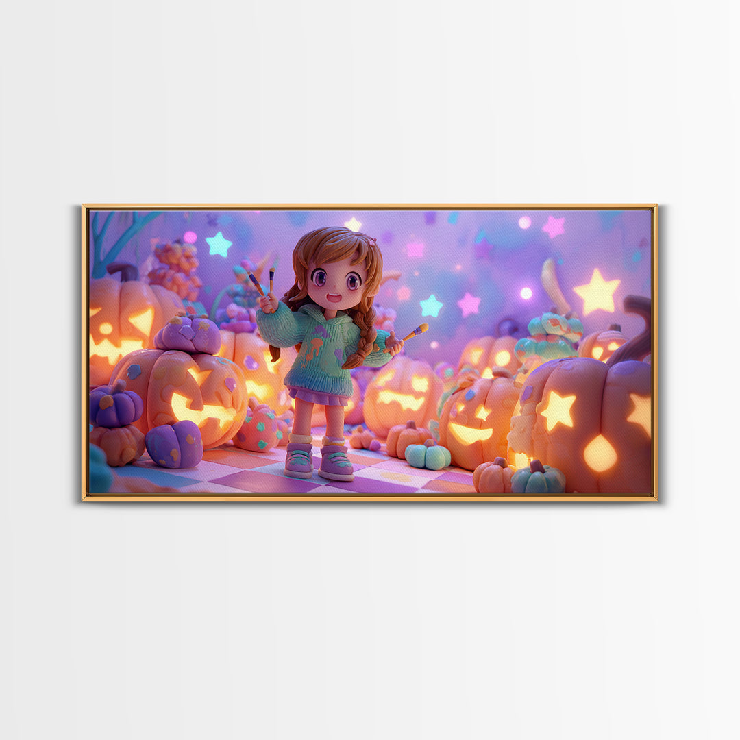 The Pumpkin Painting Party, Retro Neon Halloween Art, Wide Panoramic Art, Framed Canvas Print, Retro Halloween Decor, Neon Wall Art