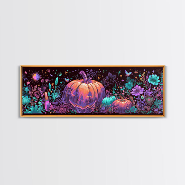 The Pumpkin Painting Party, 80s Halloween Wall Art, Extra Wide Wall Art, Canvas Print, Retro Halloween Decor, Neon Wall Art