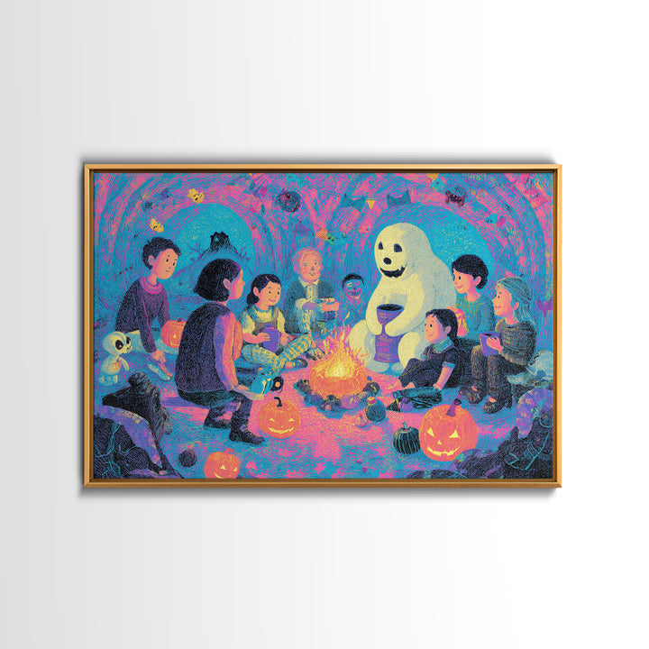 The Halloween Story Circle, Retro Neon Halloween Art, Landscape Wall Art, Canvas Print, Retro Halloween Decor, Neon Wall Art