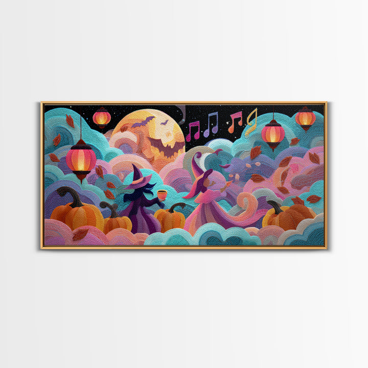 The Moonlight Dance Party, Cute Spooky Neon Art, Wide Panoramic Art, Framed Canvas Print, Retro Halloween Decor, Neon Wall Art