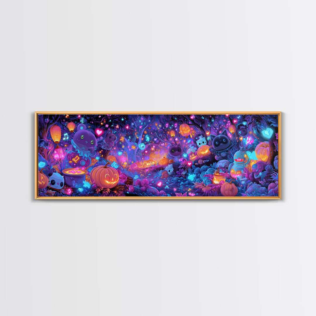 The Moonlight Dance Party, Synthwave Halloween Art, Extra Wide Wall Art, Canvas Print, Retro Halloween Decor, Neon Wall Art