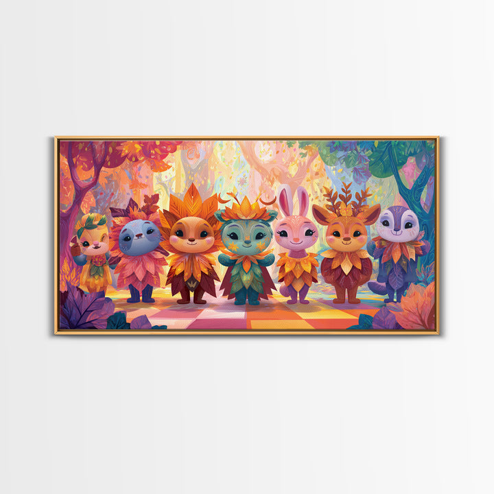 The Autumn Leaf Costume Contest, Cute Spooky Neon Art, Wide Panoramic Art, Canvas Print, Retro Halloween Decor, Neon Wall Art