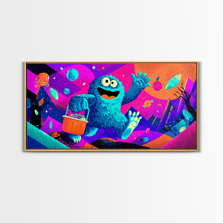 The Candy Bucket Relay Race, Cute Spooky Neon Art, Wide Panoramic Art, Canvas Print, Retro Halloween Decor, Neon Wall Art, Dark Fantasy Art