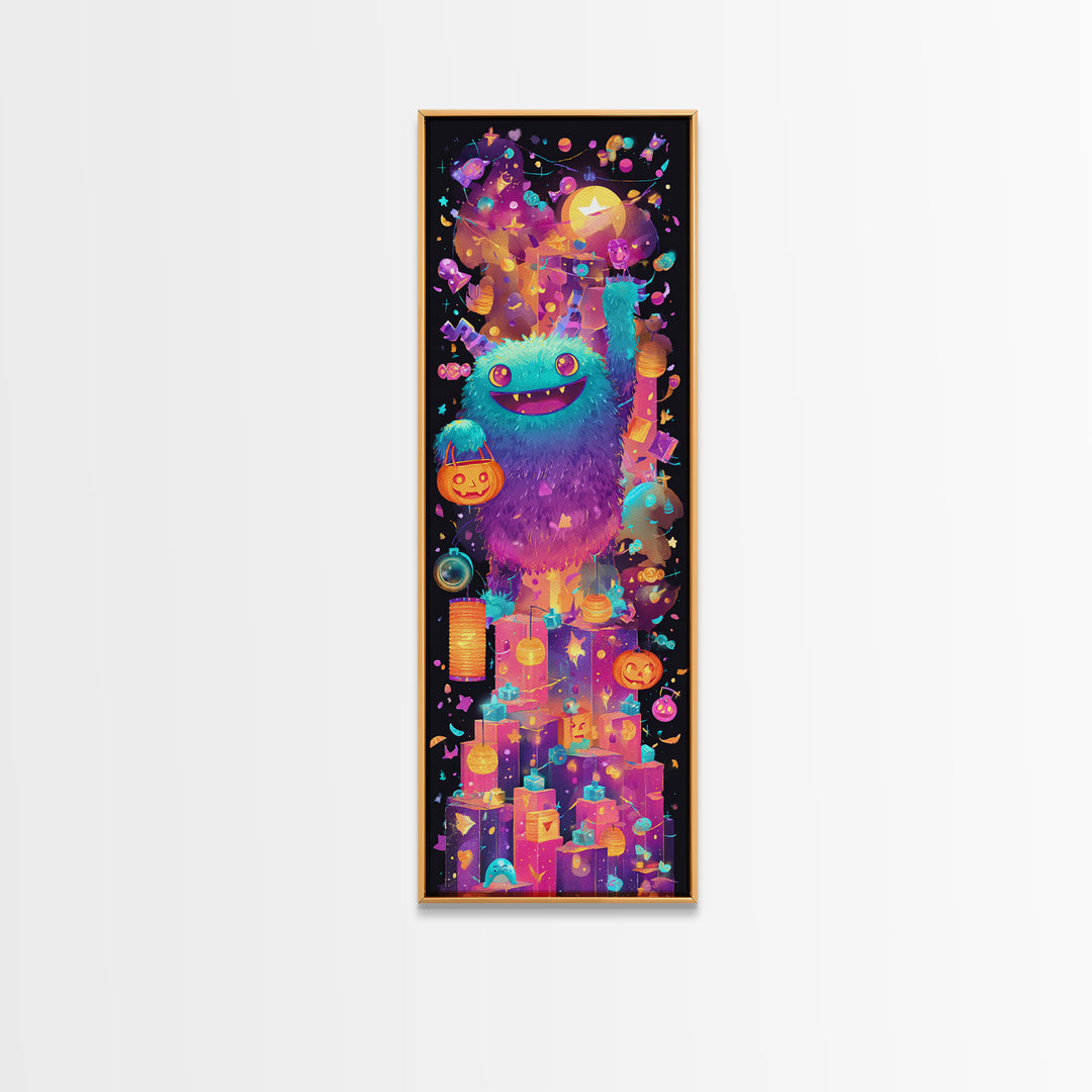 The Candy Bucket Relay Race, 80s Halloween Wall Art, Tall Narrow Wall Art, Framed Canvas Print, Retro Halloween Decor, Neon Wall Art