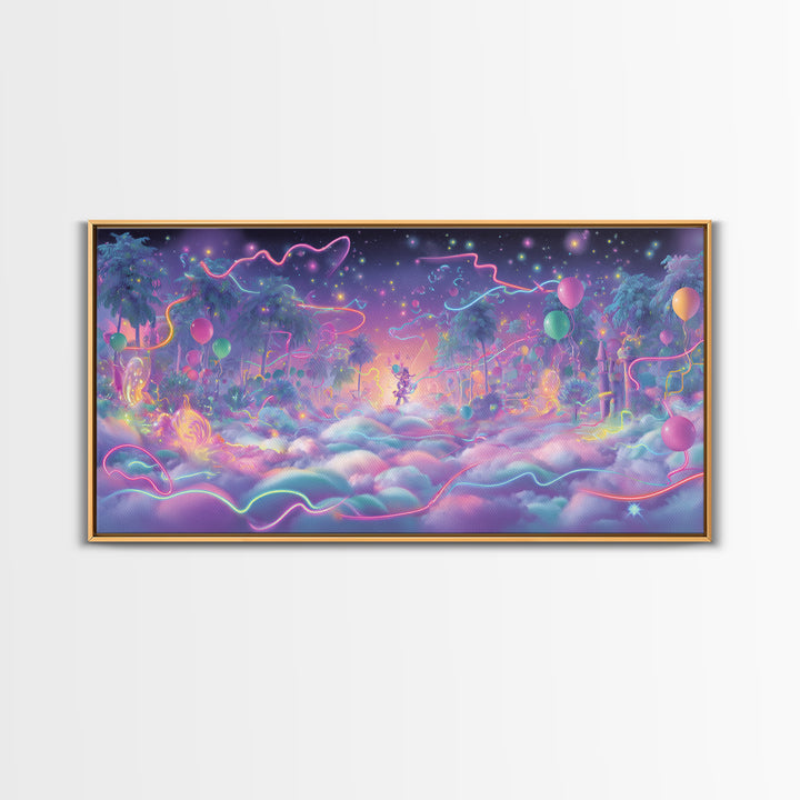 The Broomstick Obstacle Course, Vaporwave Halloween Decor, Wide Panoramic Art, Framed Canvas Print, Retro Halloween Decor, Neon Wall Art