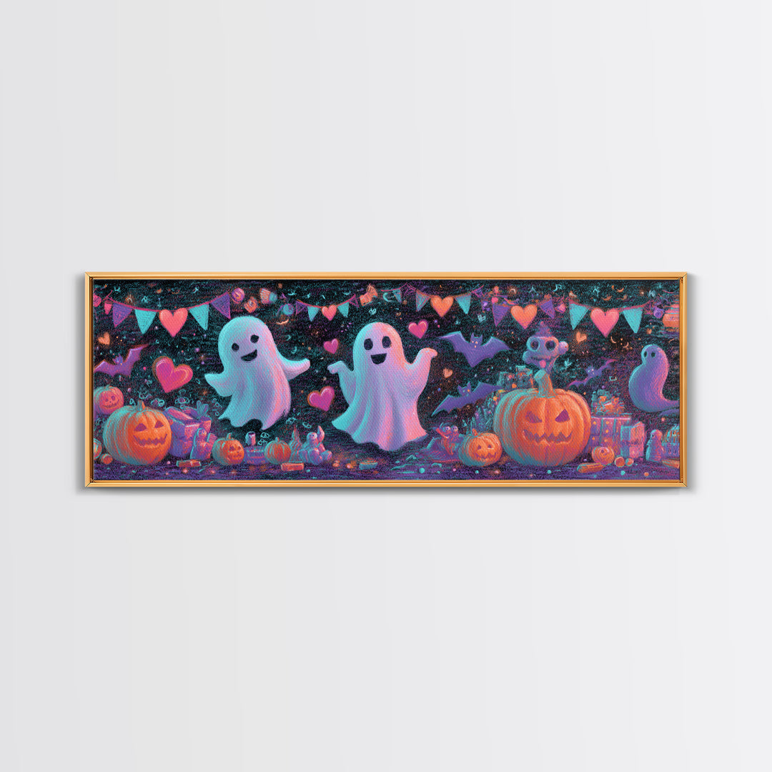 The Halloween Craft Table, Retro Neon Halloween Art, Extra Wide Wall Art, Framed Canvas Print, Retro Halloween Decor, Neon Wall Art
