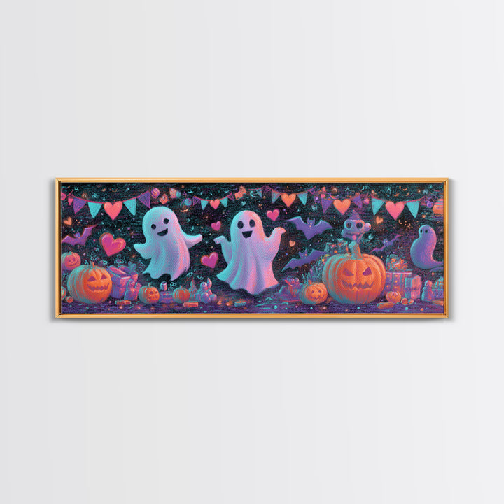 The Halloween Craft Table, Retro Neon Halloween Art, Extra Wide Wall Art, Framed Canvas Print, Retro Halloween Decor, Neon Wall Art