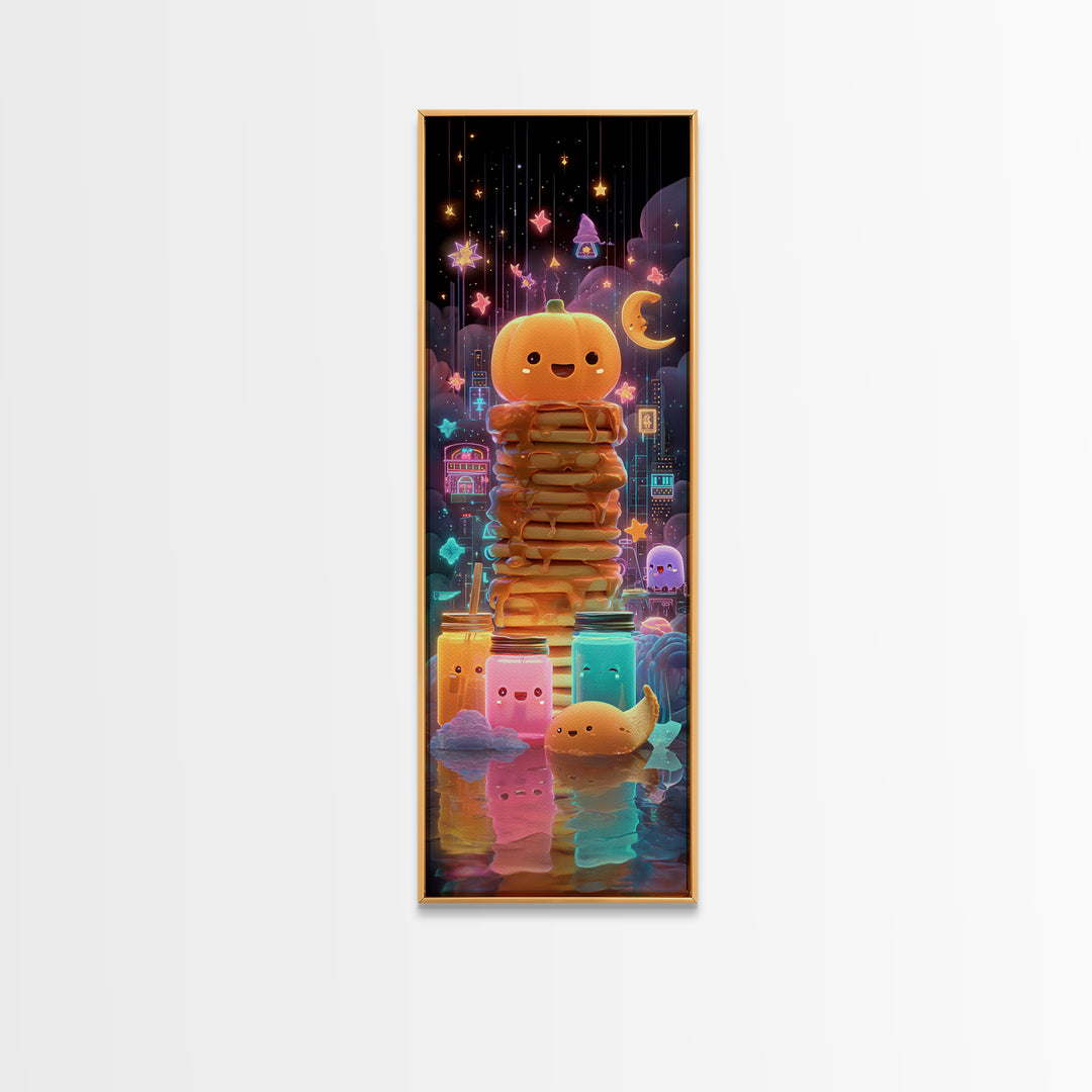 The Pumpkin Pancake Breakfast, Retro Neon Halloween Art, Tall Narrow Wall Art, Canvas Print, Retro Halloween Decor, Neon Wall Art