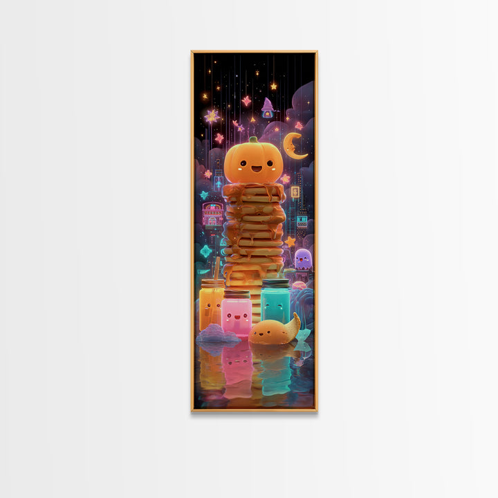 The Pumpkin Pancake Breakfast, Retro Neon Halloween Art, Tall Narrow Wall Art, Canvas Print, Retro Halloween Decor, Neon Wall Art