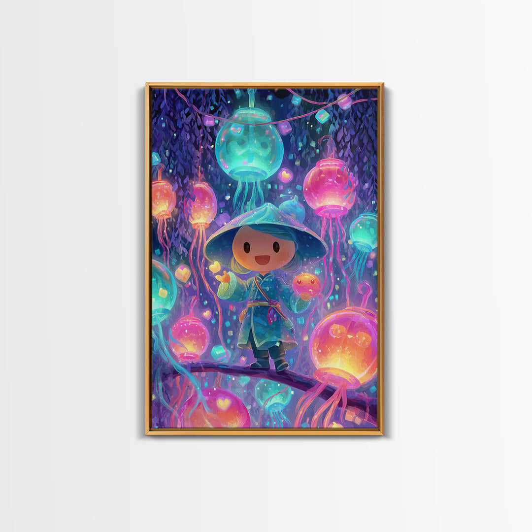 The Lantern-Making Festival, Vaporwave Halloween Decor, Vertical Wall Art, Canvas Print, Retro Halloween Decor, Neon Wall Art