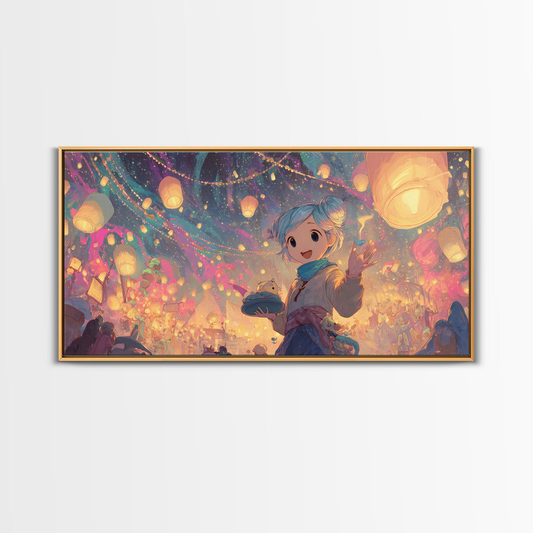 The Lantern-Making Festival, Vaporwave Halloween Decor, Wide Panoramic Art, Canvas Print, Retro Halloween Decor, Neon Wall Art