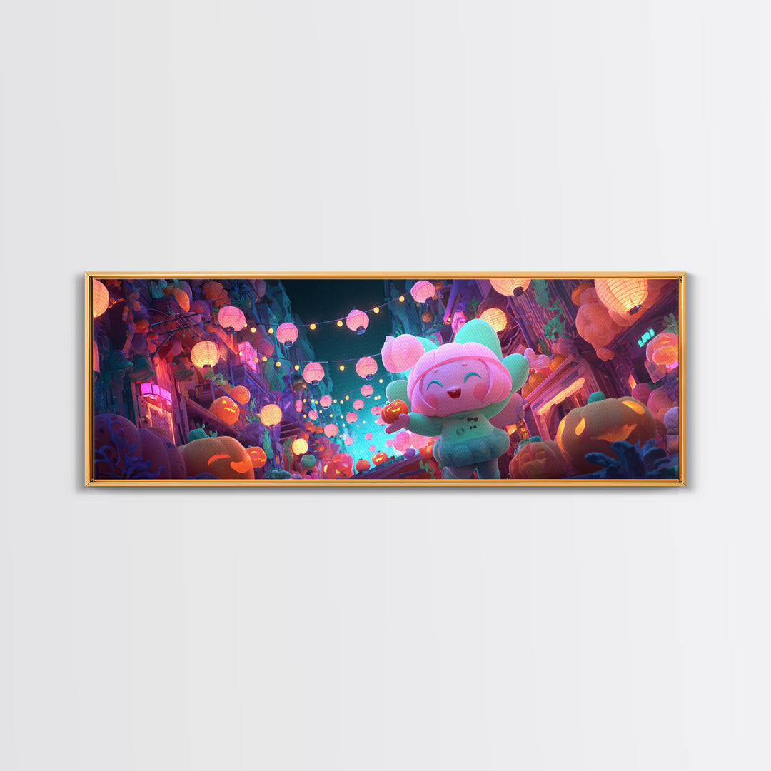The Lantern-Making Festival, Cute Spooky Neon Art, Extra Wide Wall Art, Framed Canvas Print, Retro Halloween Decor, Neon Wall Art