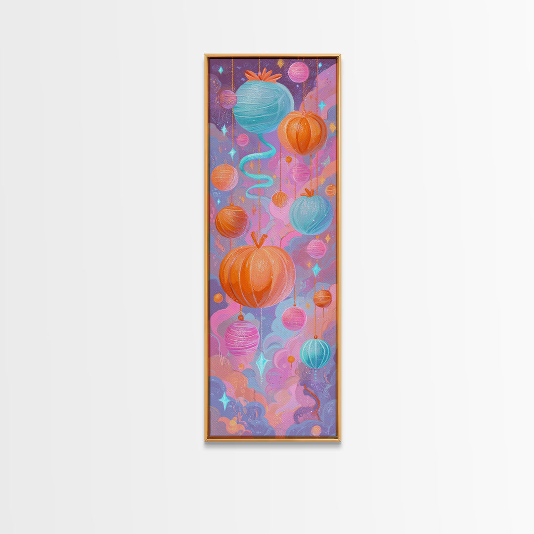The Candy Apple Dance, Cute Spooky Neon Art, Tall Narrow Wall Art, Canvas Print, Retro Halloween Decor, Neon Wall Art, Spooky Wall Decor