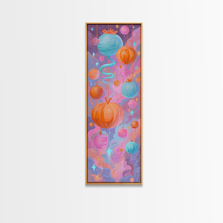 The Candy Apple Dance, Cute Spooky Neon Art, Tall Narrow Wall Art, Canvas Print, Retro Halloween Decor, Neon Wall Art, Spooky Wall Decor