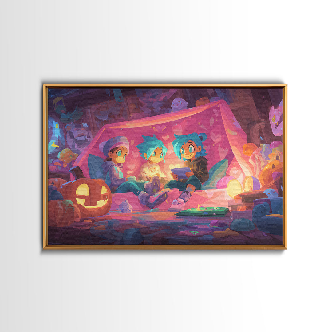The Halloween Sleepover, 80s Halloween Wall Art, Landscape Wall Art, Framed Canvas Print, Retro Halloween Decor, Neon Wall Art