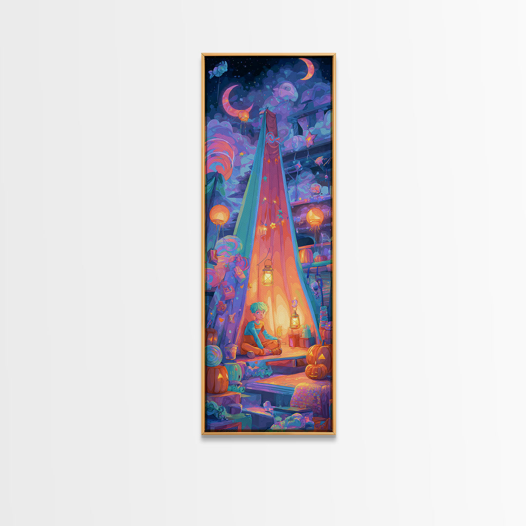 The Halloween Sleepover, Cute Spooky Neon Art, Tall Narrow Wall Art, Framed Canvas Print, Retro Halloween Decor, Neon Wall Art