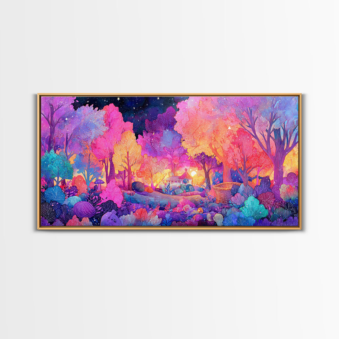 The Moonlit Scavenger Hunt, 80s Halloween Wall Art, Wide Panoramic Art, Canvas Print, Retro Halloween Decor, Neon Wall Art
