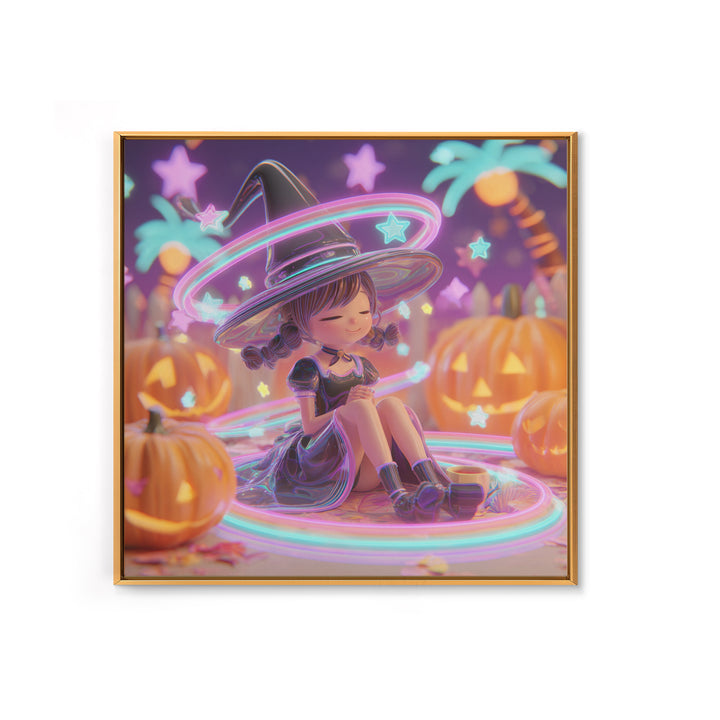 The Witch Hat Ring Toss, Retro Neon Halloween Art, Square Wall Art, Canvas Print, Retro Halloween Decor, Neon Wall Art