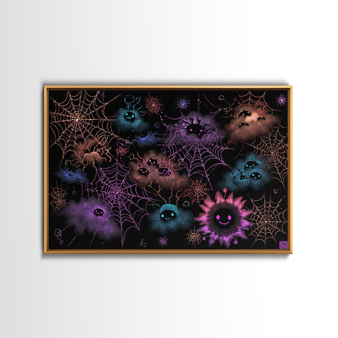The Great Cobweb Knitting Contest, Vaporwave Halloween Decor, Landscape Wall Art, Canvas Print, Retro Halloween Decor, Neon Wall Art