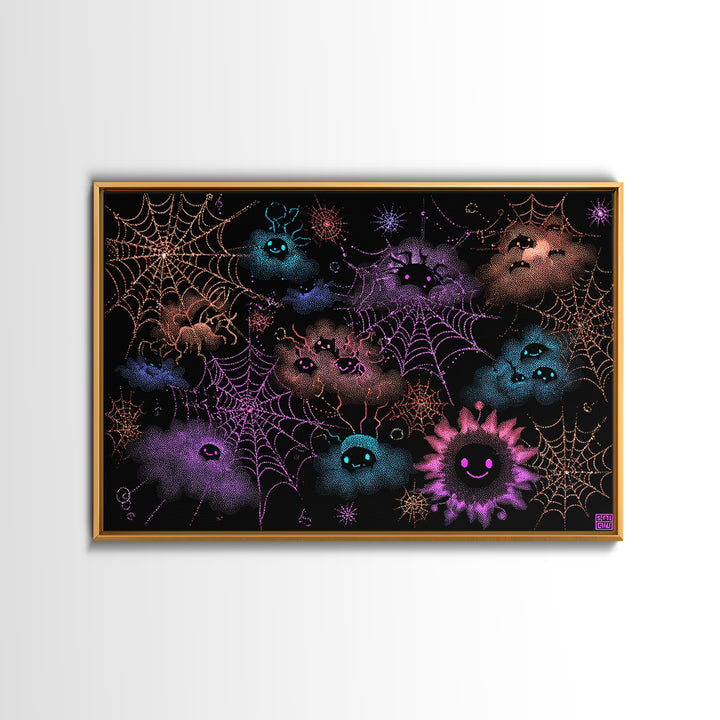 The Great Cobweb Knitting Contest, Vaporwave Halloween Decor, Landscape Wall Art, Canvas Print, Retro Halloween Decor, Neon Wall Art