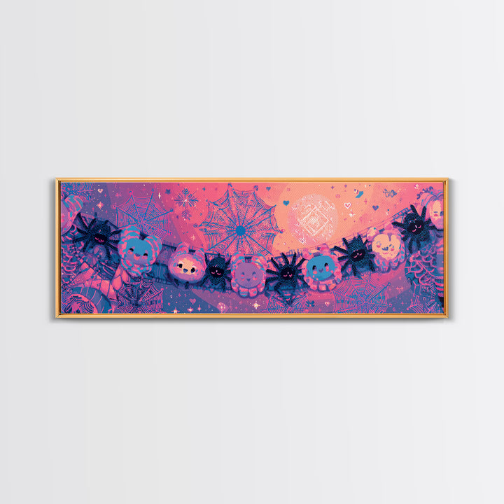 The Great Cobweb Knitting Contest, 80s Halloween Wall Art, Extra Wide Wall Art, Canvas Print, Retro Halloween Decor, Neon Wall Art