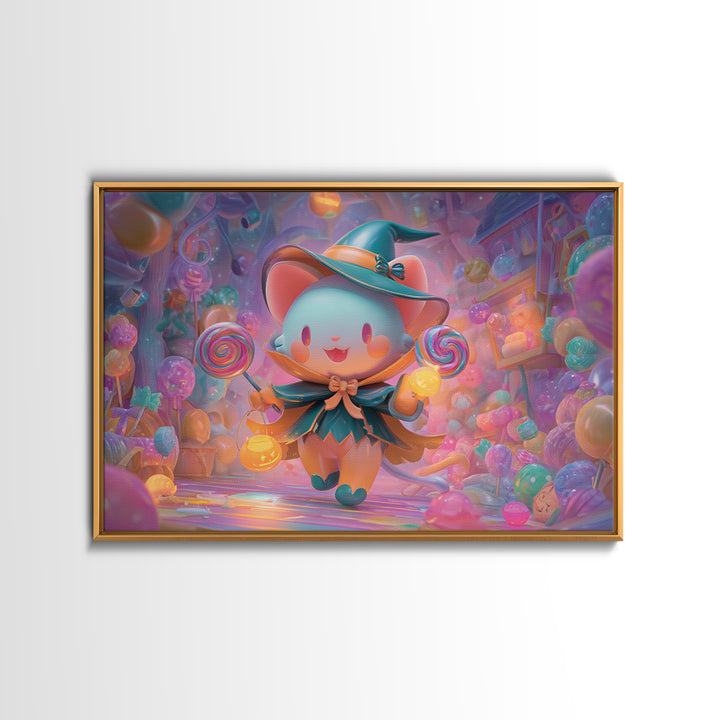 The Halloween Pet Parade, 80s Halloween Wall Art, Landscape Wall Art, Framed Canvas Print, Retro Halloween Decor, Neon Wall Art