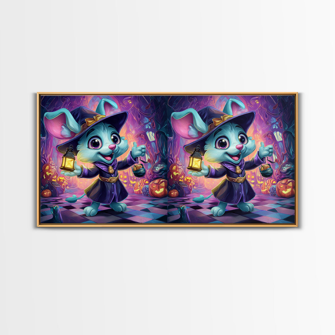 The Halloween Pet Parade, Synthwave Halloween Art, Wide Panoramic Art, Framed Canvas Print, Retro Halloween Decor, Neon Wall Art