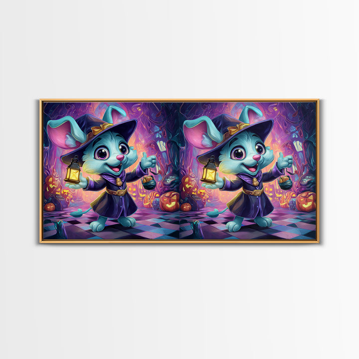 The Halloween Pet Parade, Synthwave Halloween Art, Wide Panoramic Art, Framed Canvas Print, Retro Halloween Decor, Neon Wall Art