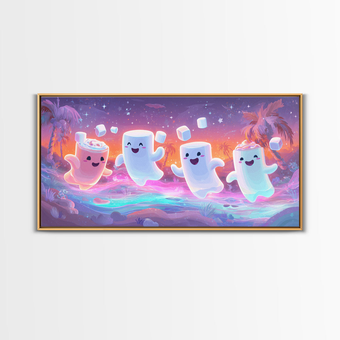The Midnight Cocoa Party, Vaporwave Halloween Decor, Wide Panoramic Art, Framed Canvas Print, Retro Halloween Decor, Neon Wall Art