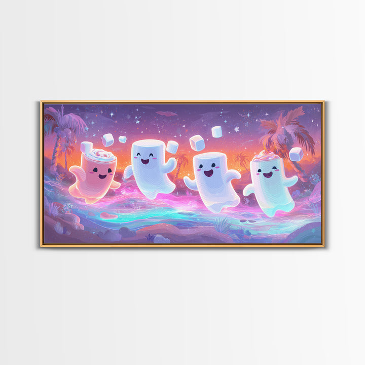 The Midnight Cocoa Party, Vaporwave Halloween Decor, Wide Panoramic Art, Framed Canvas Print, Retro Halloween Decor, Neon Wall Art