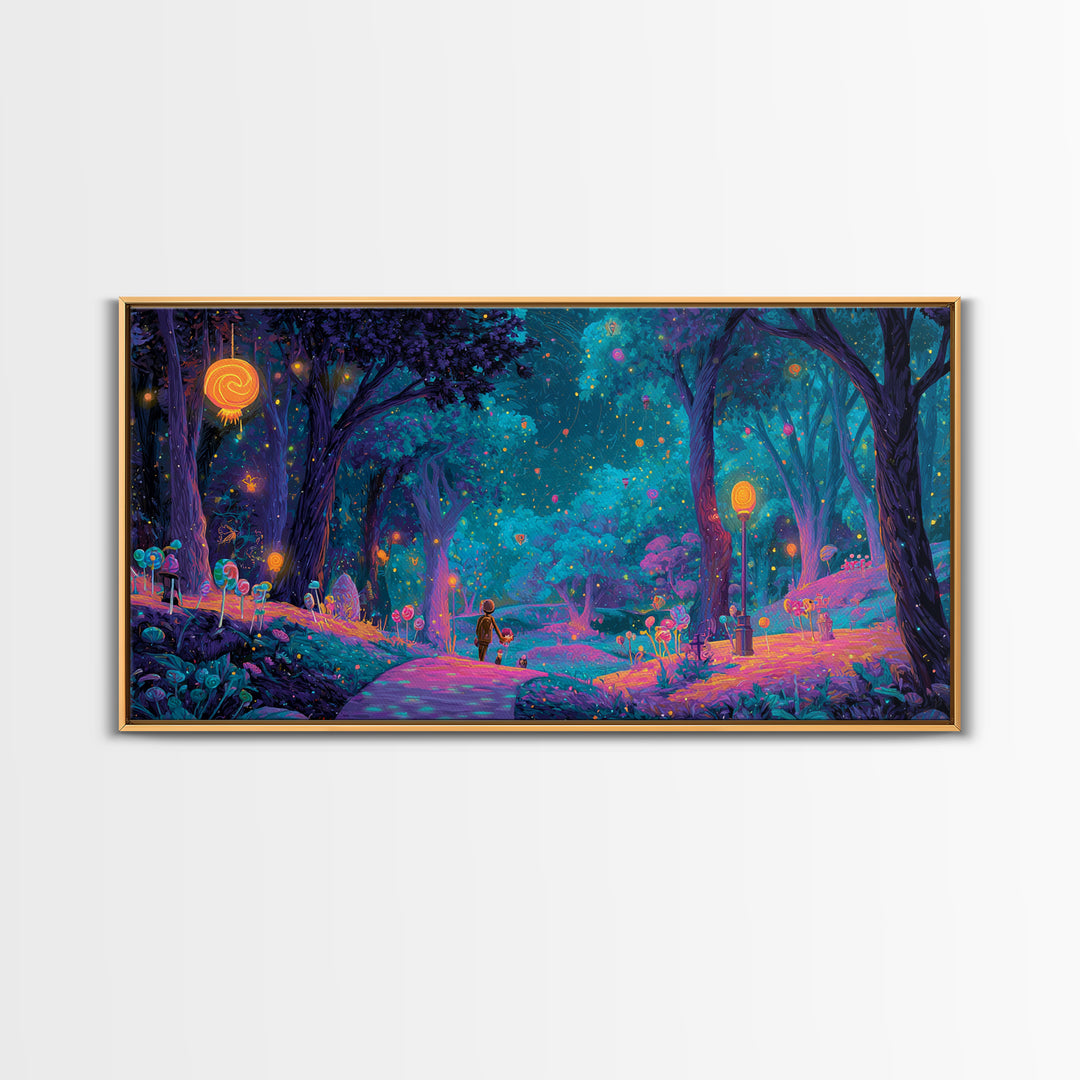 The Firefly Lantern Forest, Vaporwave Halloween Decor, Wide Panoramic Art, Framed Canvas Print, Retro Halloween Decor, Neon Wall Art