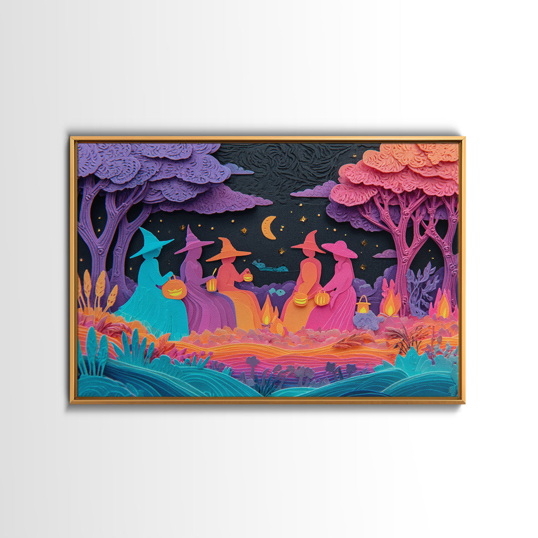 The Smiling Moon Meadow, Retro Neon Halloween Art, Landscape Wall Art, Framed Canvas Print, Retro Halloween Decor, Neon Wall Art
