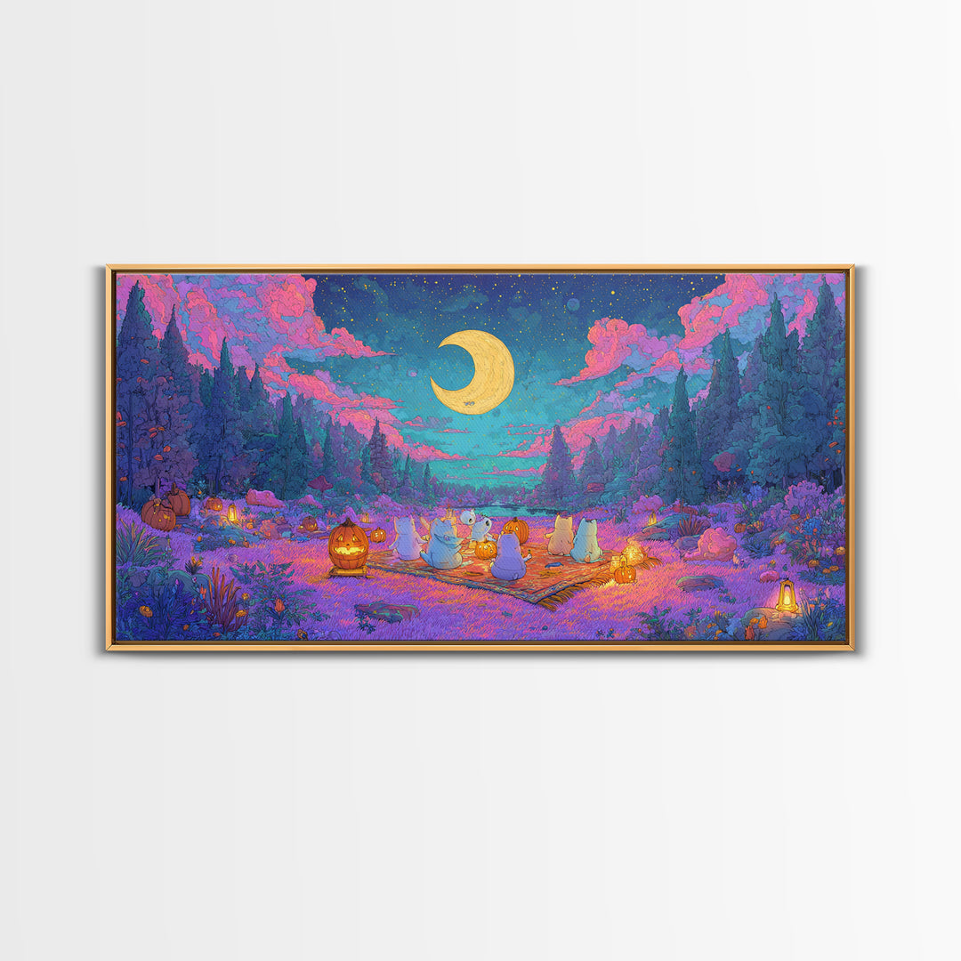 The Smiling Moon Meadow, Vaporwave Halloween Decor, Wide Panoramic Art, Canvas Print, Retro Halloween Decor, Neon Wall Art