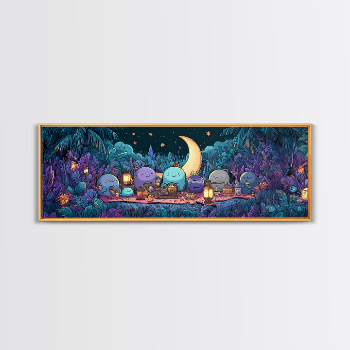 The Smiling Moon Meadow, Synthwave Halloween Art, Extra Wide Wall Art, Framed Canvas Print, Retro Halloween Decor, Neon Wall Art