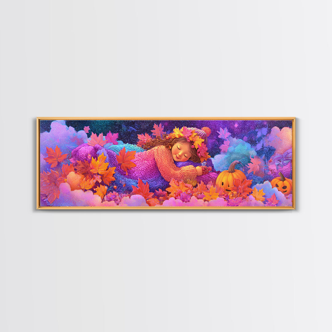 The Dancing Autumn Leaves, 80s Halloween Wall Art, Extra Wide Wall Art, Canvas Print, Retro Halloween Decor, Neon Wall Art